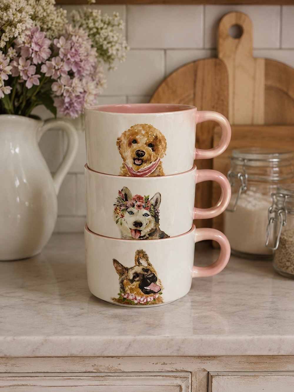 Set of 3 Peir 1 Dolomite Pink & White Stackable Dog Mugs